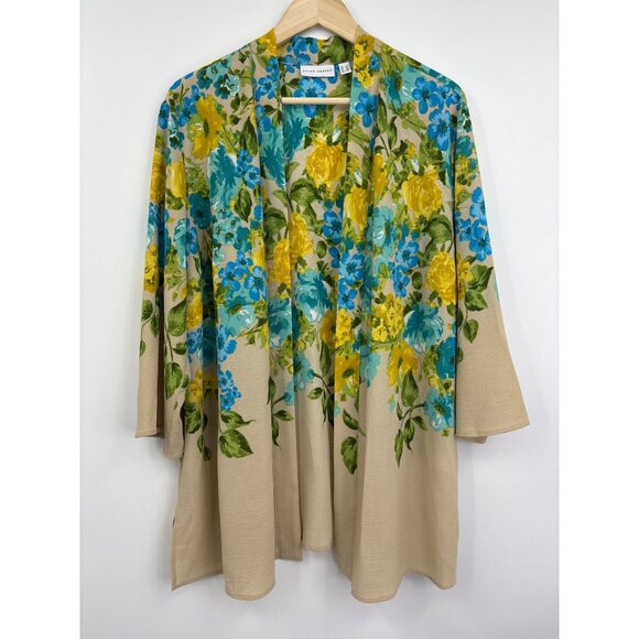 Susan Graver Textured Stretch Woven Floral Print Open Front Cardigan 1X - Picture 1 of 6